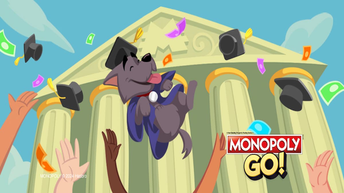 Dog Scottie getting tossed in the air with graduation cap and celebration items thrown for Monopoly GO