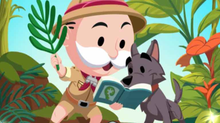 Mr. Monopoly and dog Scottie in safari hunting flowers for Monopoly GO