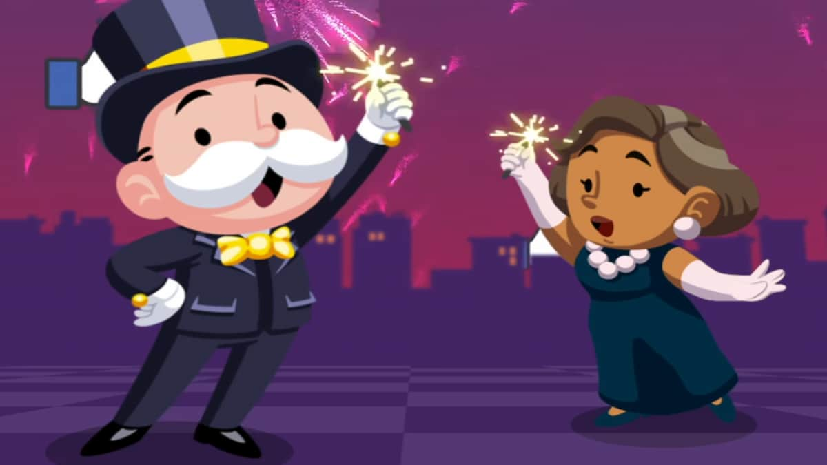 Mr. and Ms. Monpoly holding sparklers outside city in tuxedo and green dress for Monopoly GO