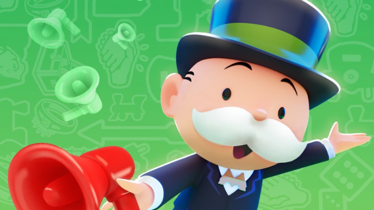 Mr. Monopoly holding a red bull horn with top hat on in Monopoly GO