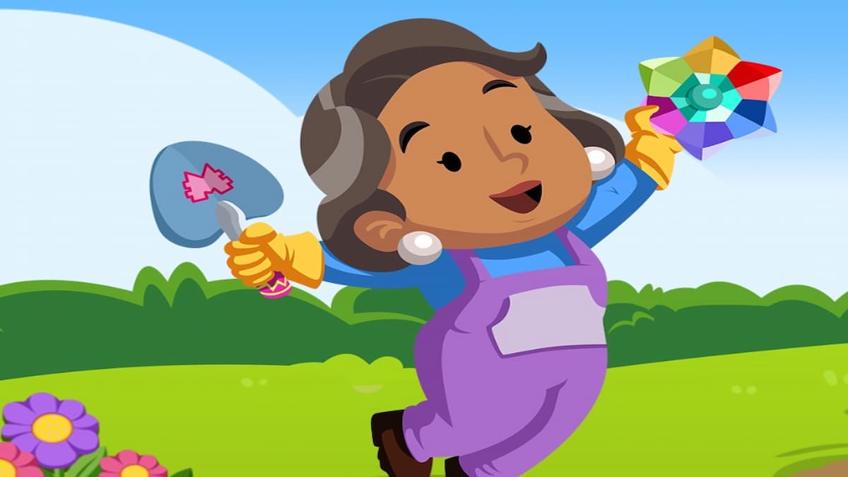 Ms. Monopoly gardening with flowers, holding a shovel and gem for Monopoly GO