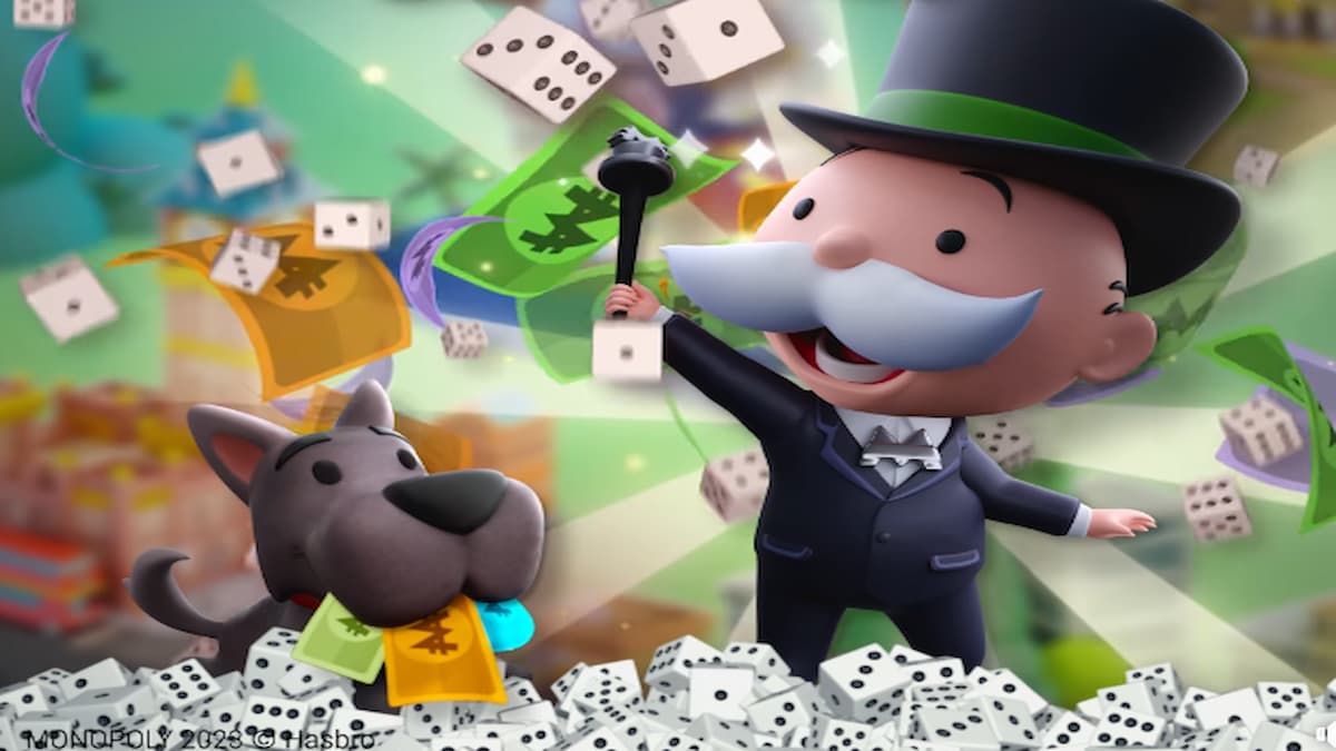 Mr. M and dog Scottie in pile of Dice and cash from Monopoly GO rewards