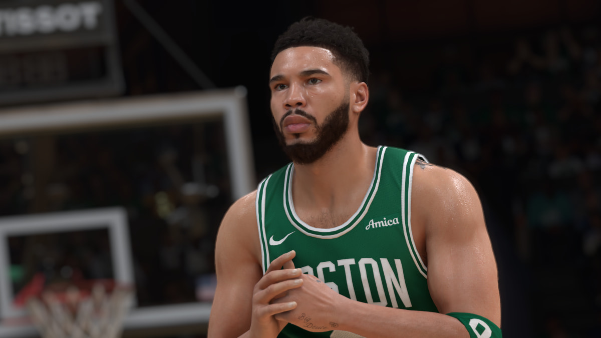 Jayson Tatum in NBA 2K25 on the court wearing a green Celtics jersey.