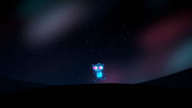 An image of the main character from Night in the Woods running past a beautiful night sky.