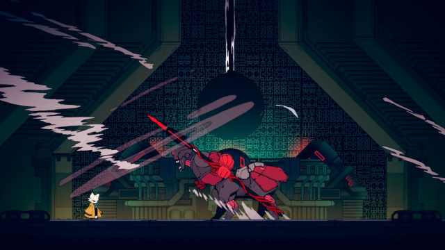 An image of a boss fight in Nine Sols, where you face off against a large, four-legged mech wielding a red spear.