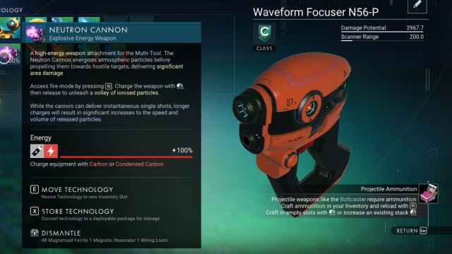 An image of the Neutron Cannon from No Man's Sky. This weapon can be charged up to launch purple AOE projectiles.