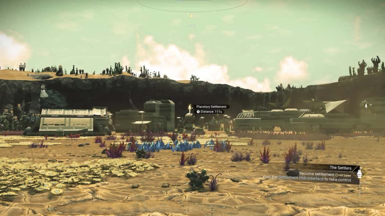 An image from No Man's Sky of a Settlement, or a collection of houses found throughout planets with settlers.