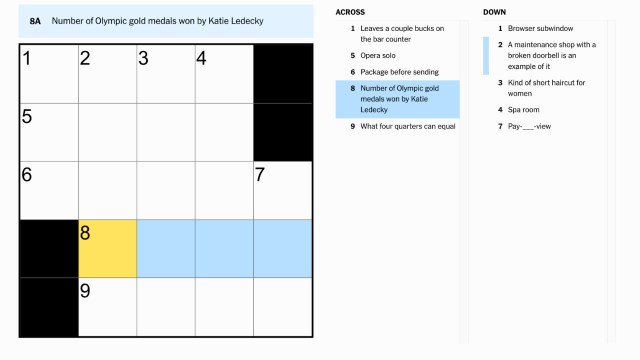 the clue, 'Number of Olympic gold medals won by Katie Ledecky' highlighted in blue and yellow from the NYT Mini Crossword puzzle Aug. 19