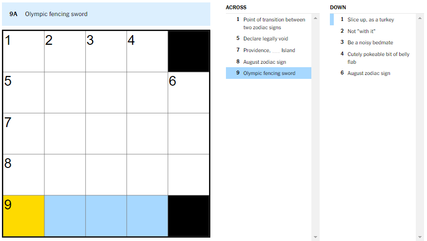 Picture showing the Olympic fencing sword clue in NYT Mini Crossword.