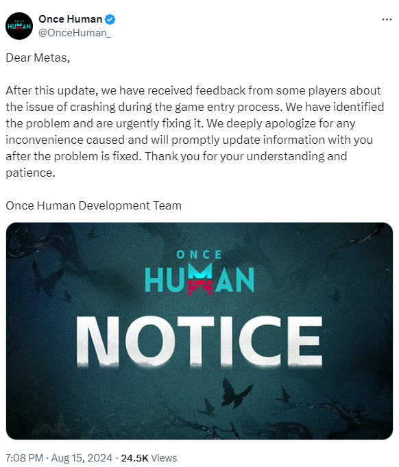 Starry Studio's statement on the crashes in Once Human