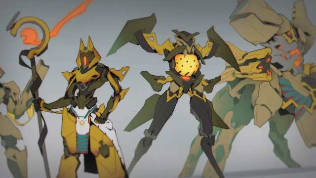 An image of scrapped concept art from Overwatch 2's PVE gamemode. One of these Omnics, who is themed after a Pharaoh holding a staff, inspired the hero Ramattra.