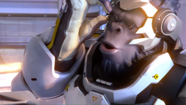 Winston fixing his glasses before reading off his script in the original Overwatch intro cutscene