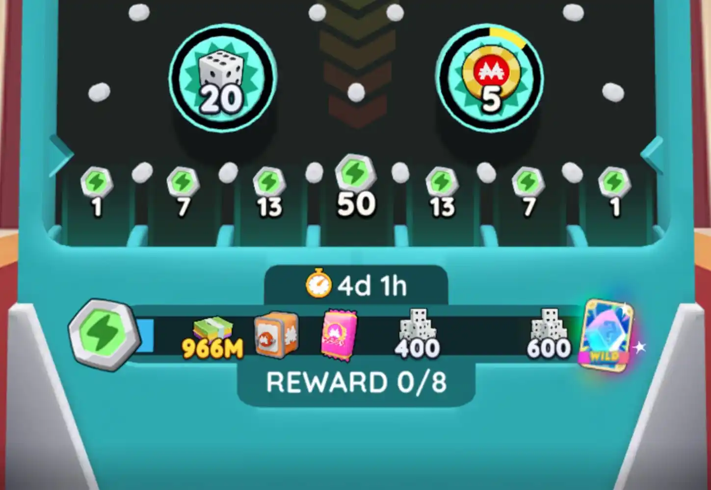 Image of point icons and rewards at the bottom of a Peg-E Prize Machine in Monopoly GO