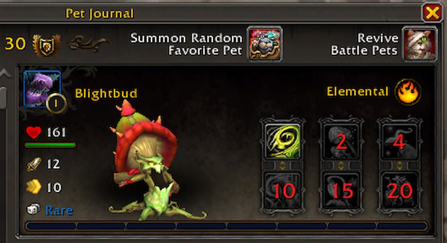 Pet Journal Blightbud in WoW The War Within with Blightbud in red and brown pointy hat and leaf clothing and sticks for a body