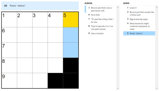 Picture showing the Poetic before clue in NYT Mini Crossword.