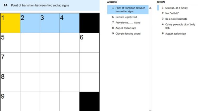 point of transition between two zodiac signs clue in the aug 27 nyt mini crossword