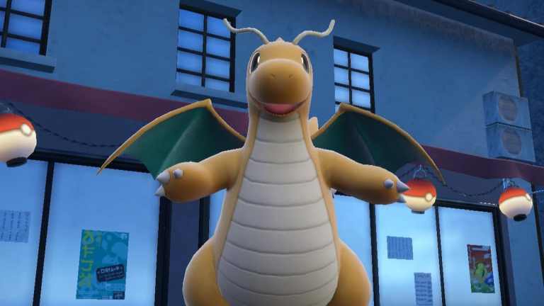 Dragonite flying at night in Pokémon Scarlet and Violet.