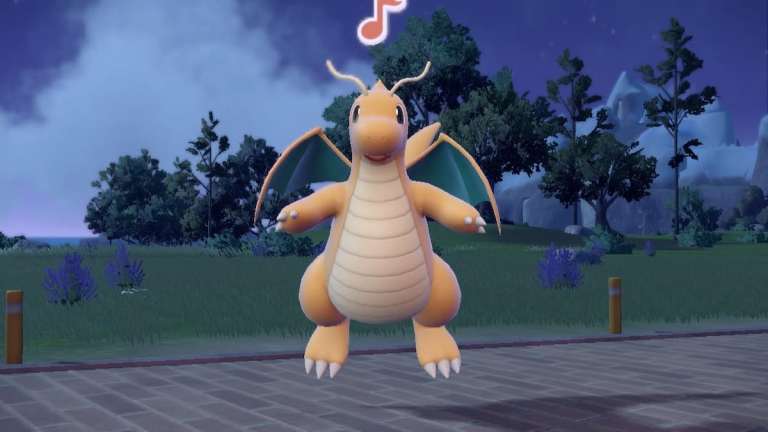 Dragonite flying at night in Pokémon Scarlet and Violet.