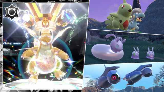 Dragonite with the Normal Tera Type and Mass Outbreaks for Larvitar, Bagon, Goomy, Sliggoo, and Beldum in Pokémon Scarlet and Violet.