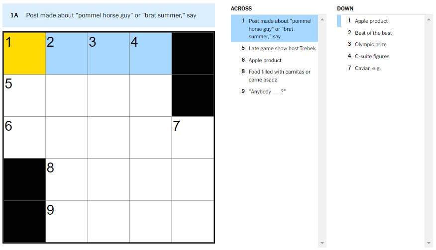 Picture showing the 'Post made about pommel horse guy or brat summer, say' clue in NYT Mini Crossword.