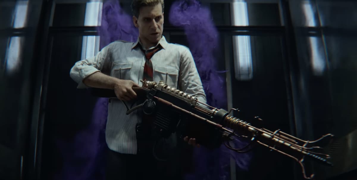 Richtofen holding the Wunderwaffe with mysterious purple smoke starting to surround him.