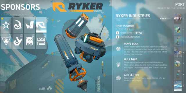 The Ryker Industries Sponsor screen from Spectre Divide, showing all the abilities and level rewards for the Sponsor.