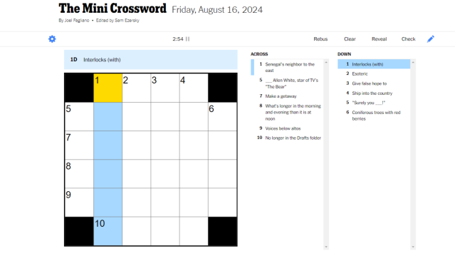 Blank NYT MIni Aug. 16 crossword, blank six word down