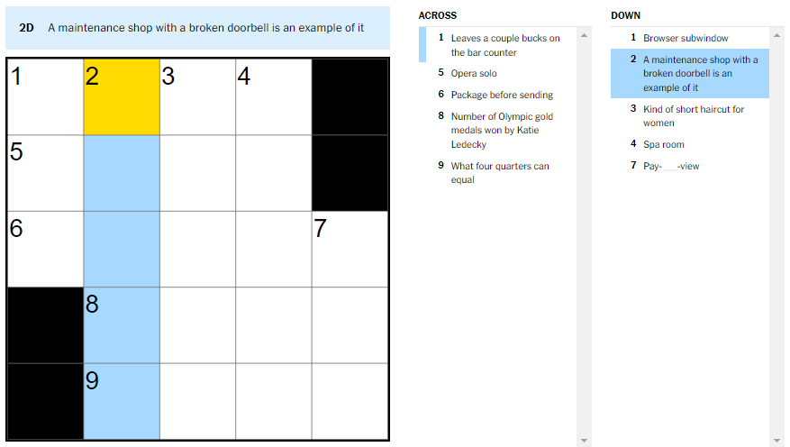 Picture of today's NYT Crossword puzzle showing the ‘A maintenance shop with a broken doorbell is an example of it’ clue.