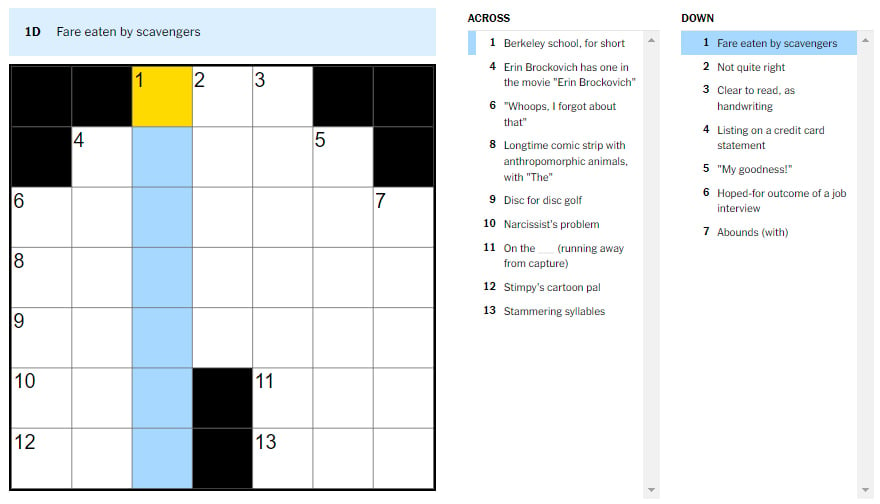 Picture showcasing the Fare eaten by scavengers clue in NYT Mini Crossword.