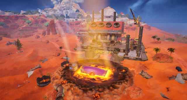 Picture showing post-blast in Fortnite. Redline Rig is partially destroyed as Pandora's box surfaces on the island.