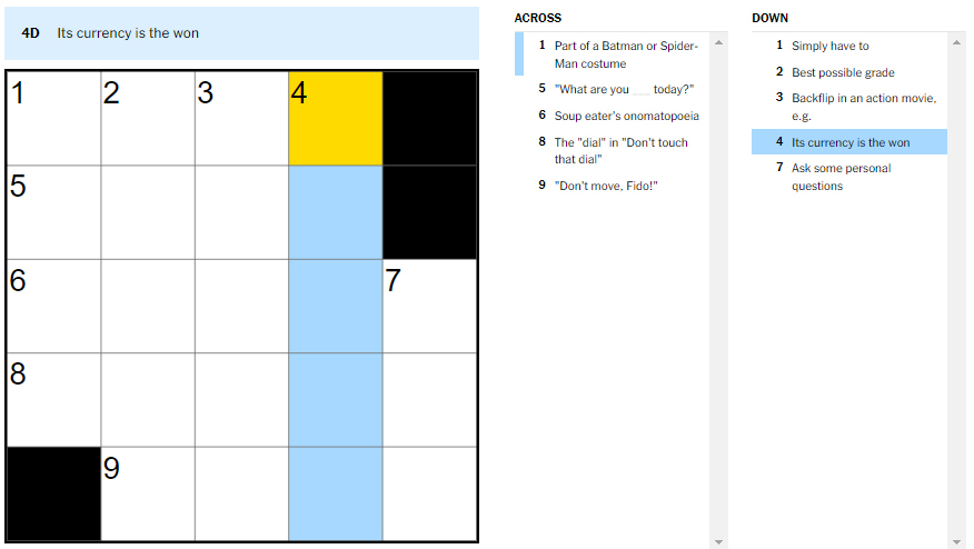 Aug. 11 NYT Mini Crossword board