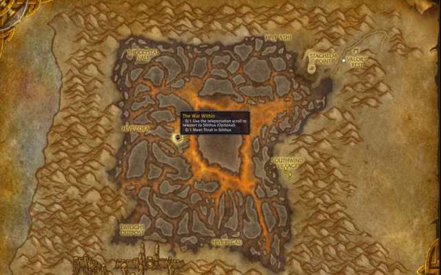 Location of Silithus and start of The War Within quest on the map.