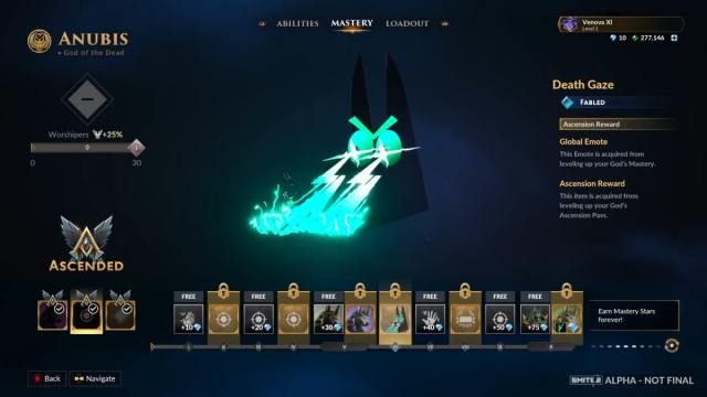 A screenshot of Anubis' Ascension Pass in Smite 2 showing the Death's Gaze Emote.