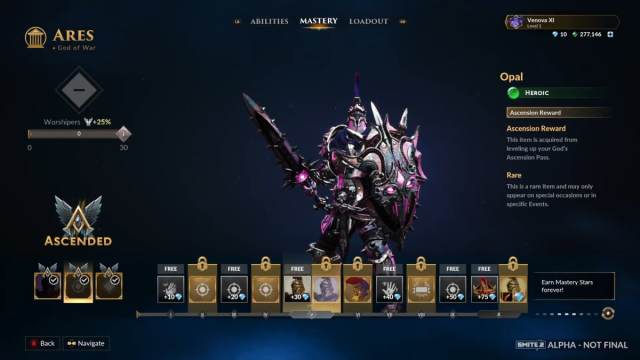 A screenshot of Ares' Ascension Pass in Smite 2 showing a skin.