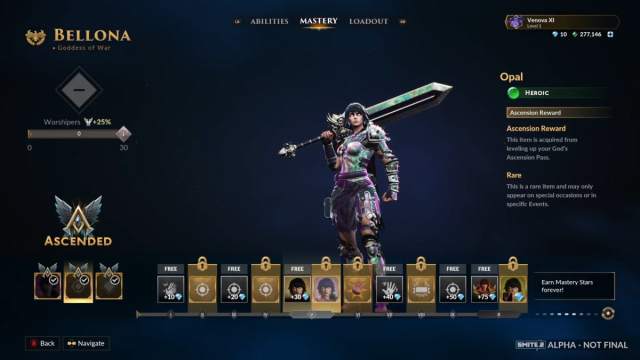 A screenshot of Bellona's Ascension Pass in Smite 2 showing a skin.