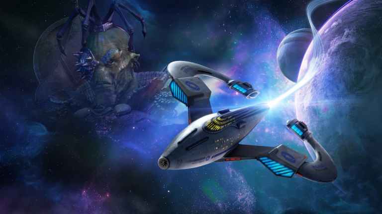 Alien Sarris and the Protector ship above a planet in Star Trek Fleet-Command