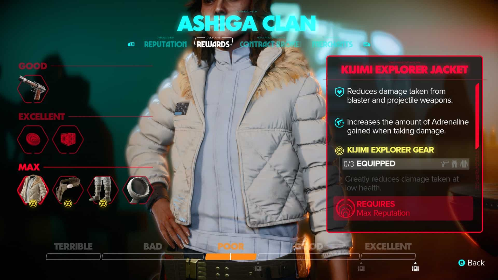 The Ashiga Clan reward page, featuring Kay Vess in a puffy white jacket with a fur-lined hood.