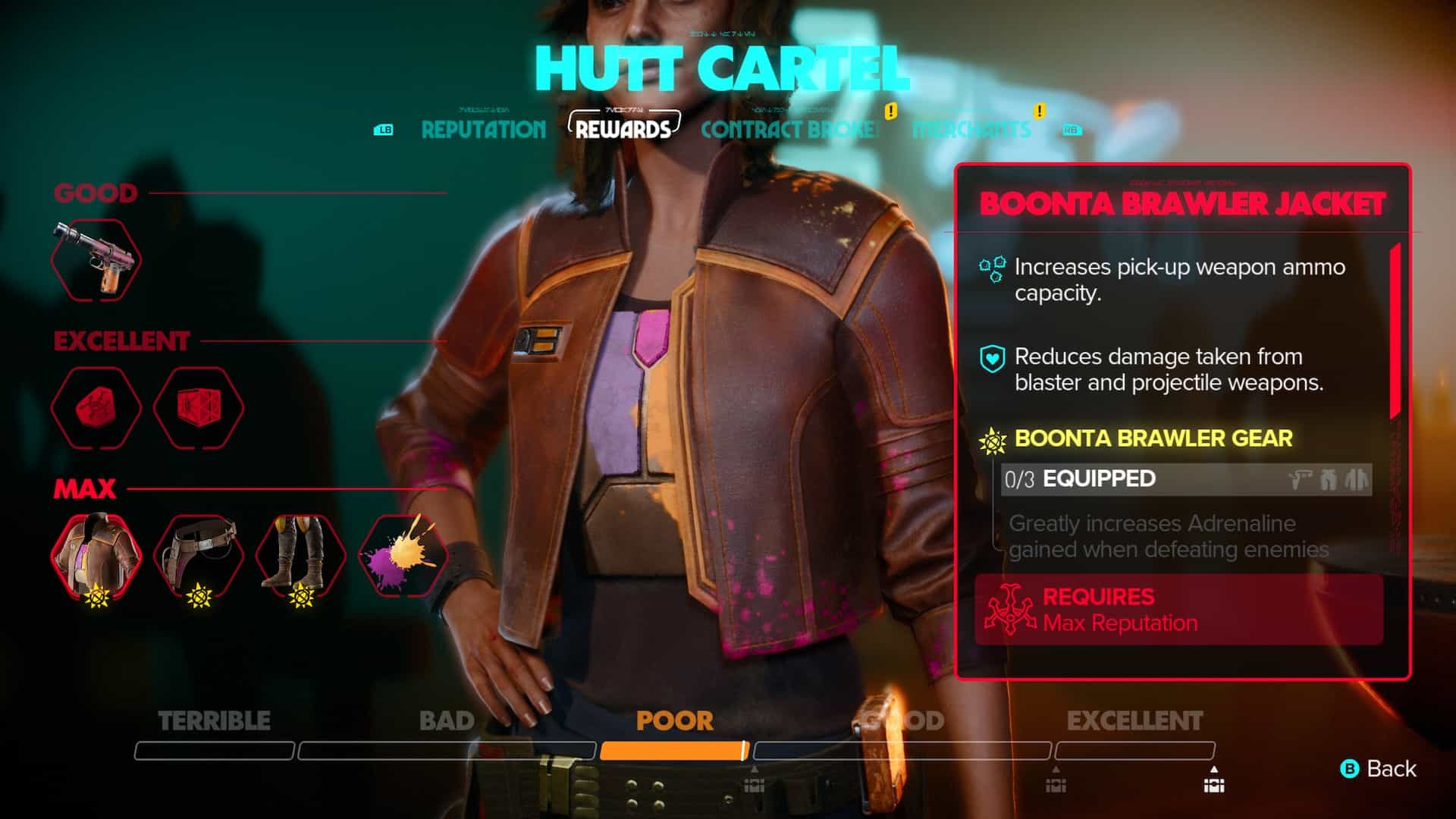 The Hutt Cartel rewards page, featuring Kay Vess in a paint splattered leather jacket.