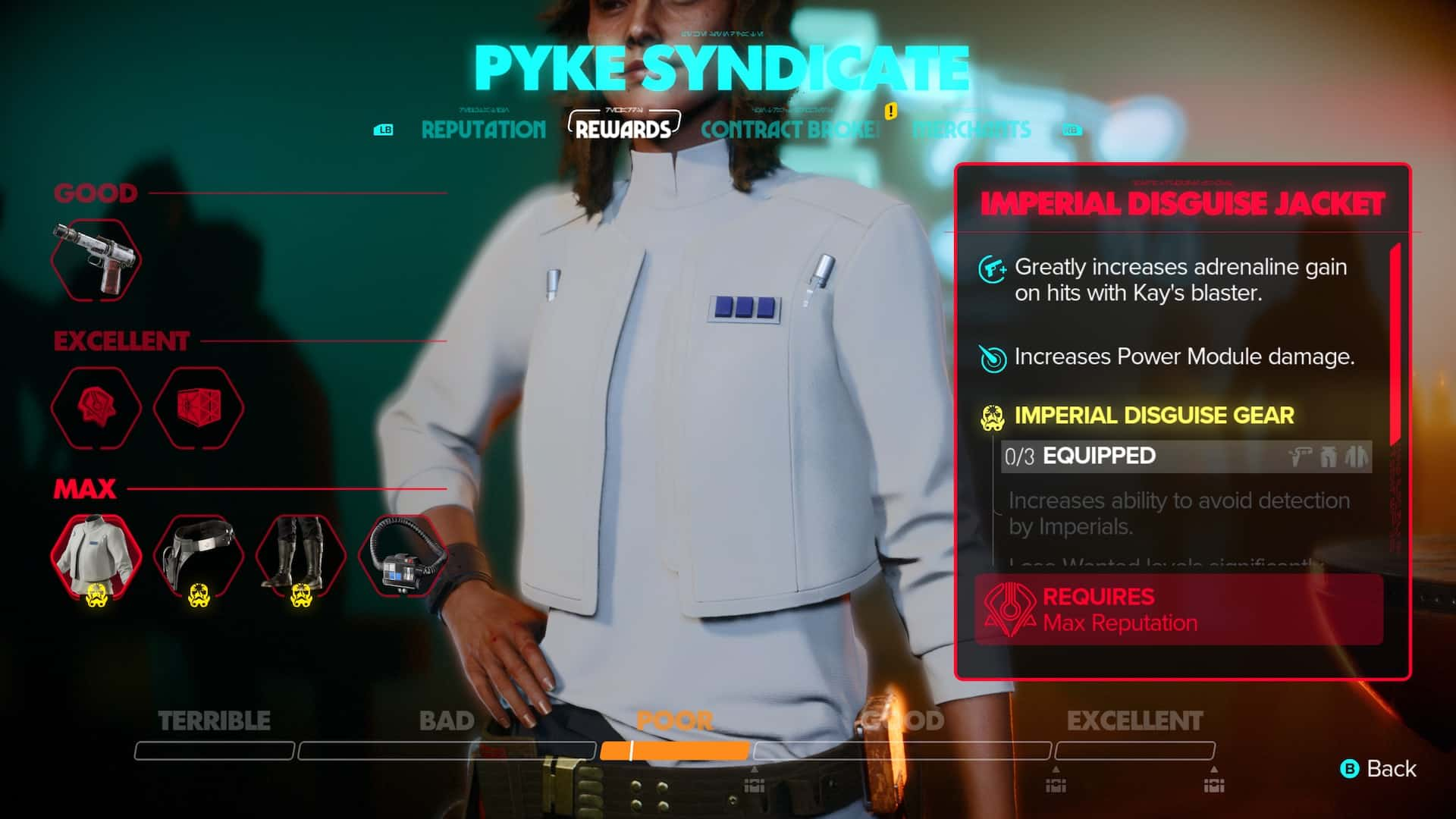 Pyke Syndicate reward page, featuring Kay Vess in an all-white jacket and shirt.