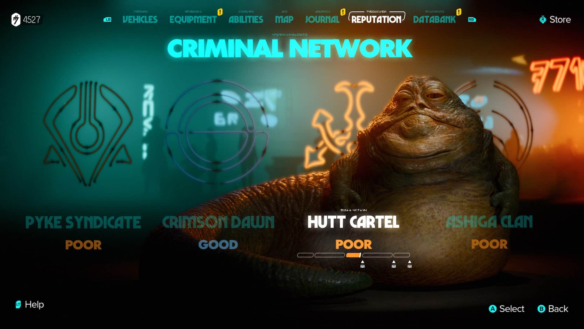 The Criminal Network screen in Star Wars Outlaws, featuring Jabba the Hutt, a huge slug-like creature.