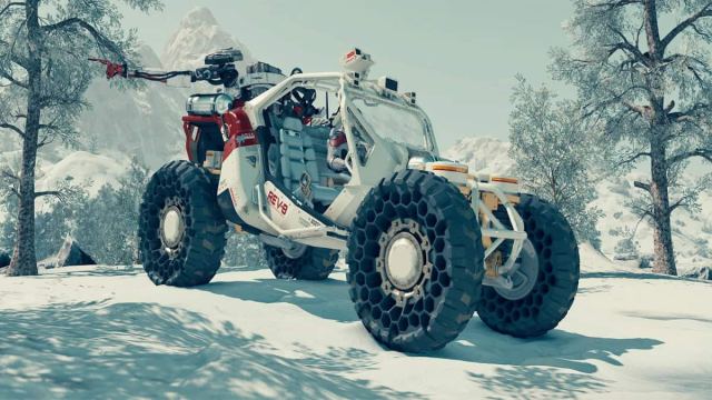 The new REV-8 vehicle coming to Starfield, a white vehicle in a snowy environment.