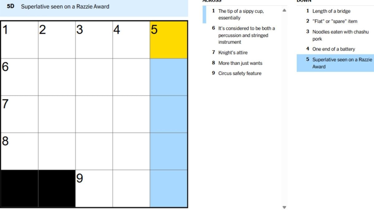 crossword clue for superlative seen on a razzie award in nyt mini