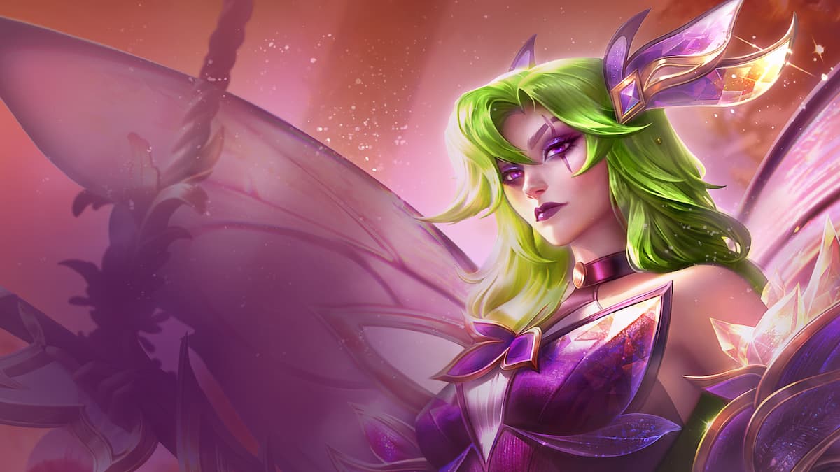 Katarina TFT Set 12 skin with purple faerie wings and ears, along with floral wing patterns on outfit.