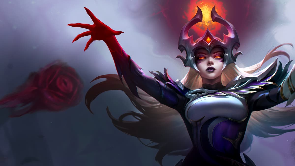 Syndra TFT Set 12 skin with fire crown, red eyes, and arms outstretched