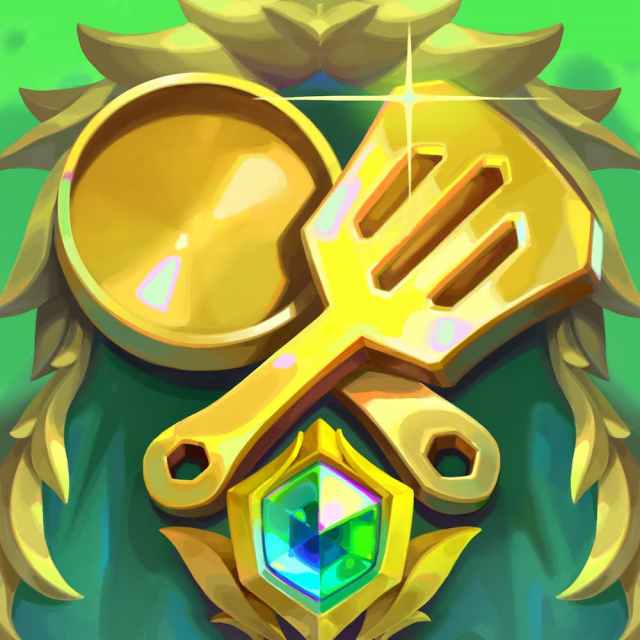 Image of Golden Frying Pan and Golden Spatula laying across each other with gold floral designs and a green emblem underneath in TFT Set 12