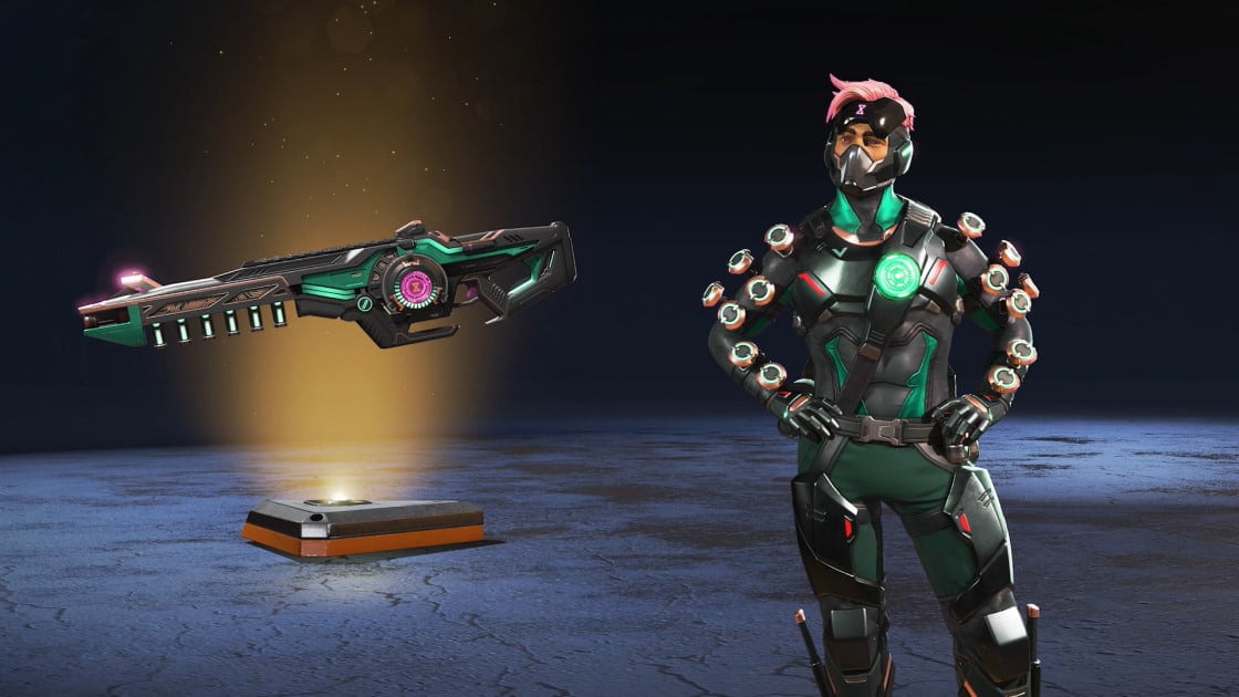 A black mirage skin with green accents and bright pink hair, along with matching Nemesis skin.