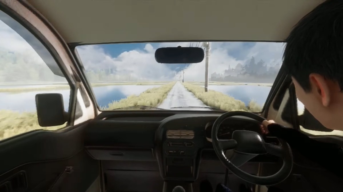 Looking out of the windshield with Toru visible on the right, driving the car in The Bathhouse third ending