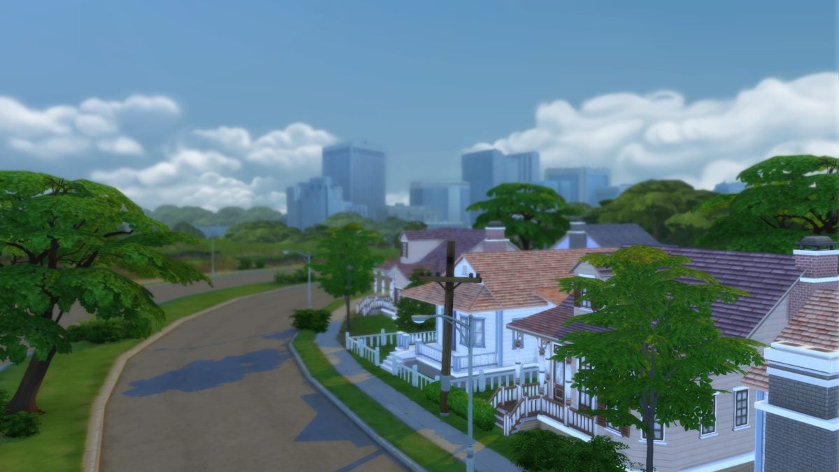 An establishing shot of a Sims 4 neighborhood, looking at the trees, houses, and the corner of a road