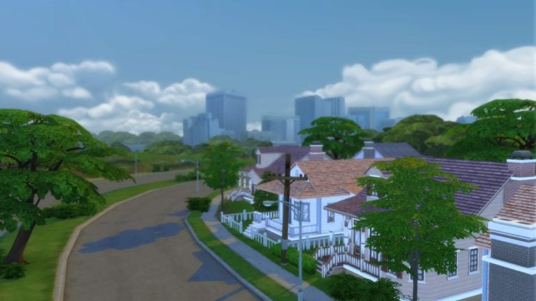 An establishing shot of a Sims 4 neighborhood, looking at the trees, houses, and the corner of a road