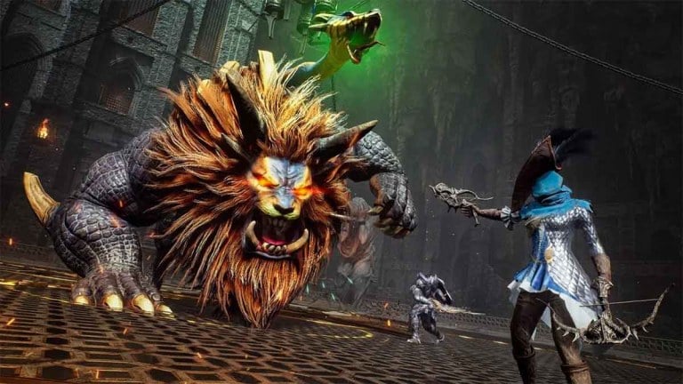 Throne and Liberty gameplay showing a fantasy character fighting a lion monster